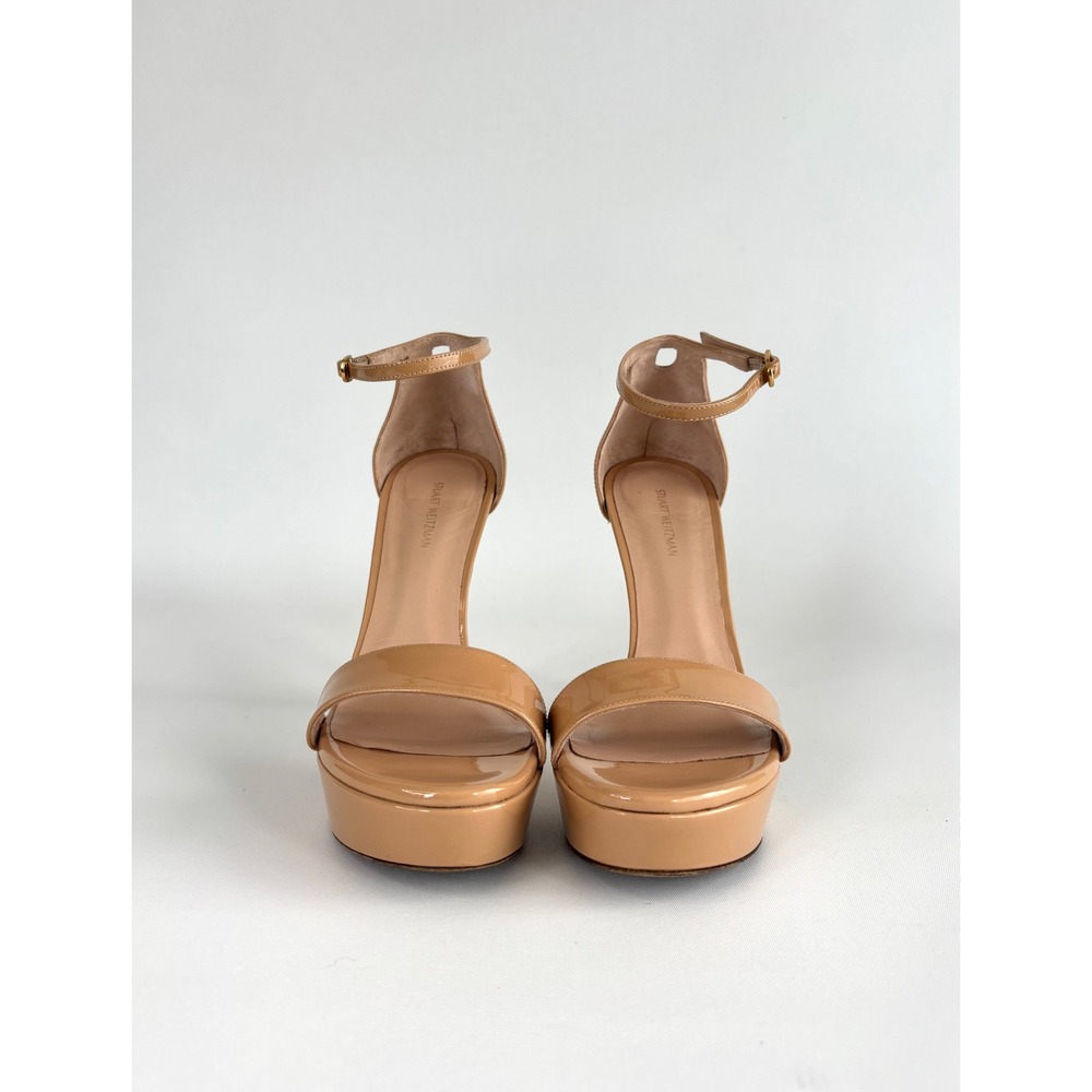 Stuart Weitzman Nude Patent Leather Platform Ankle Strap Sandals Heels Size 7.5